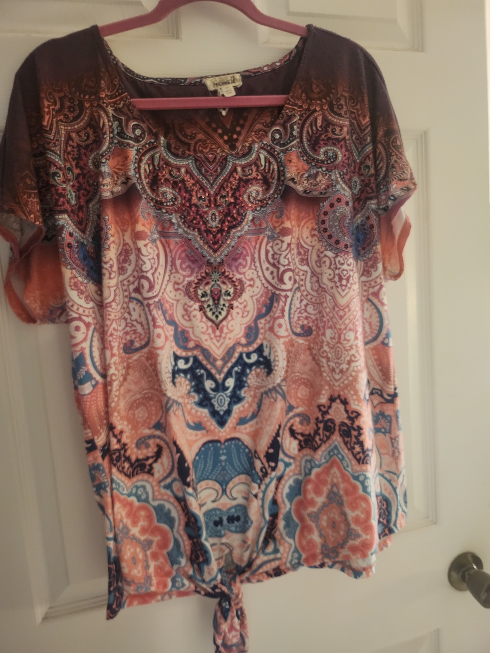 ONE WORLD Paisley Tie-Front Blouse in Coral, Blue and Cream